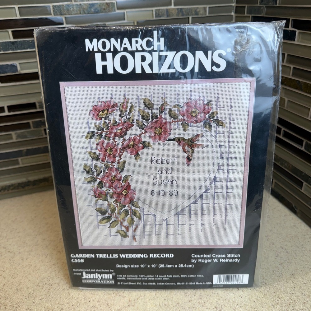 VTG 1988 Monarch Horizons Cross Stitch Kit Janlynn Garden Trellis Wedding Record